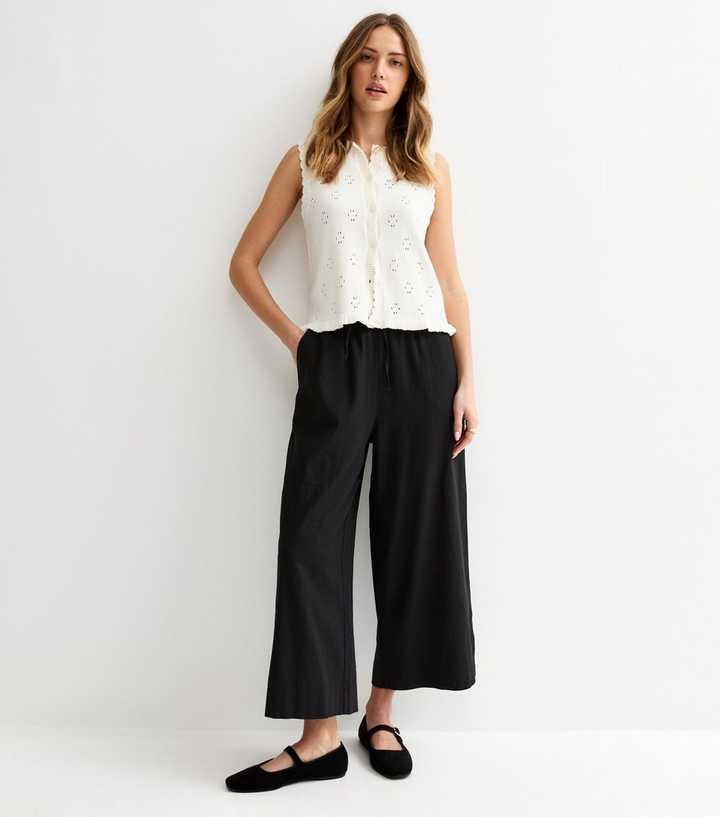 Black Linen Blend Crop Trousers
