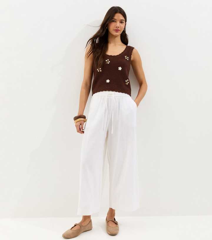 White Linen Blend Crop Trousers