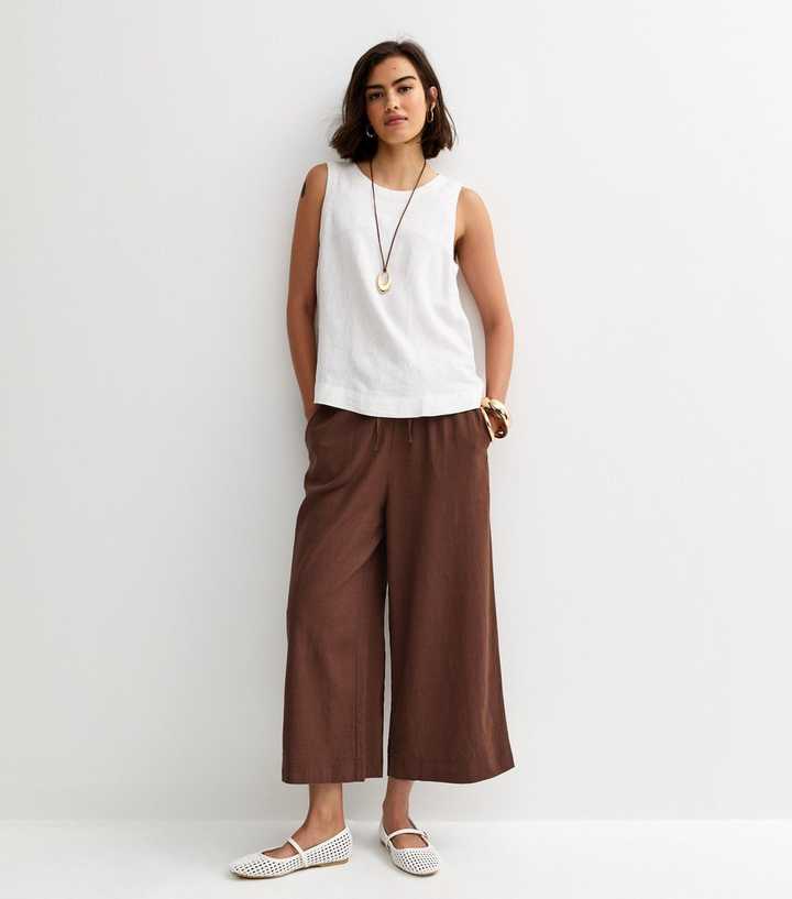 Brown Linen Blend Crop Trousers