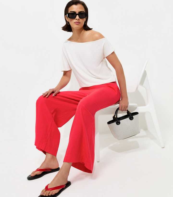 Bright Red Linen Rich Crop Trousers