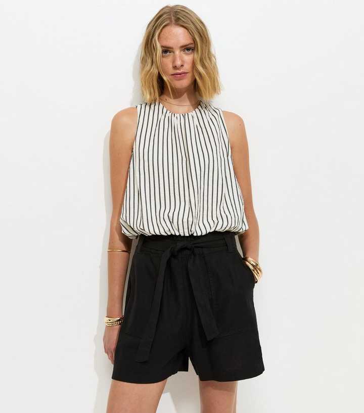Black Linen Blend Paperbag Shorts