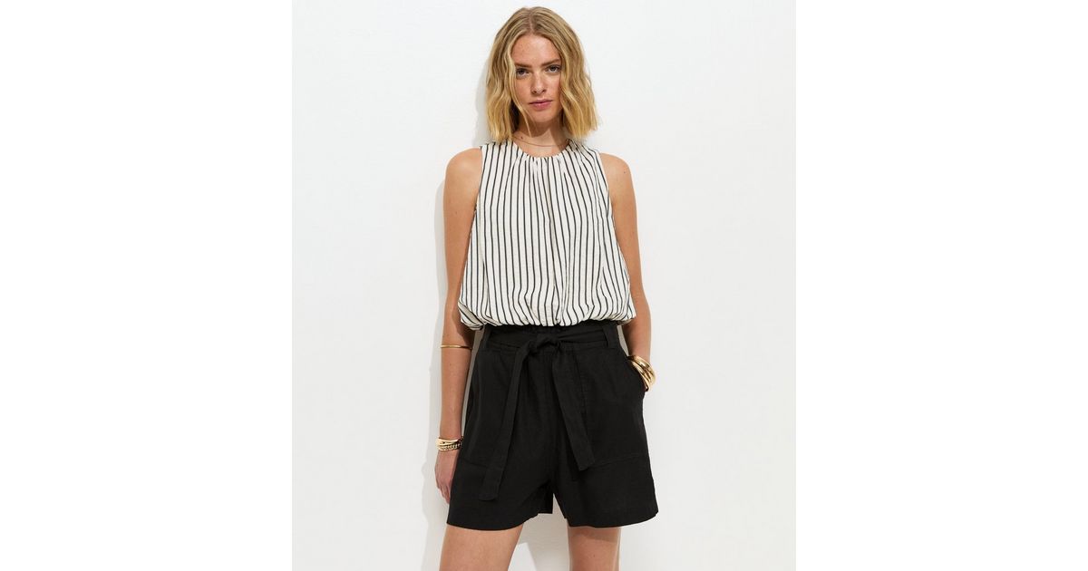 Black Linen Blend Paperbag Shorts