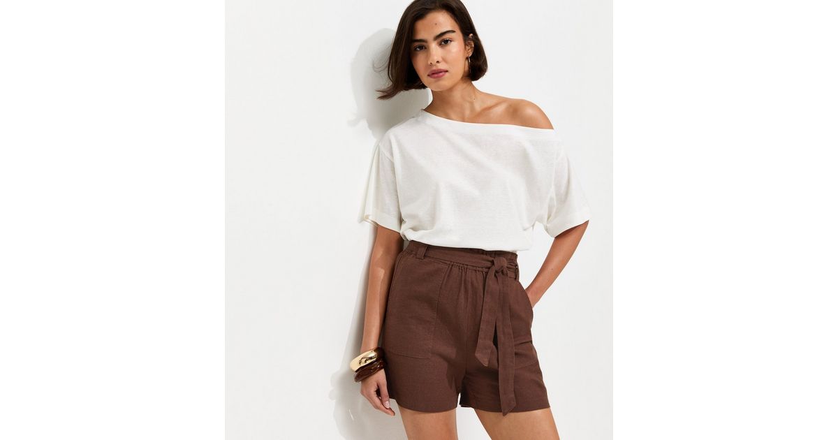 Dark Brown Linen Blend Paperbag Shorts