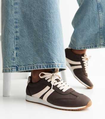 Brown Faux Brushed Leather Panelled Trainers