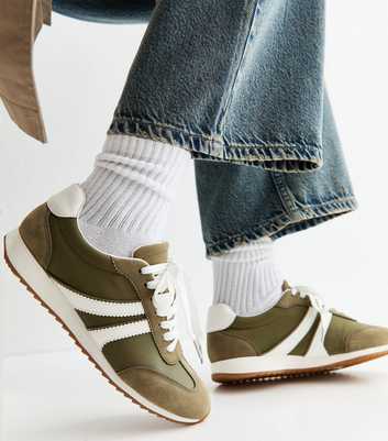 Dark Khaki Faux Brushed Leather Panelled Trainers