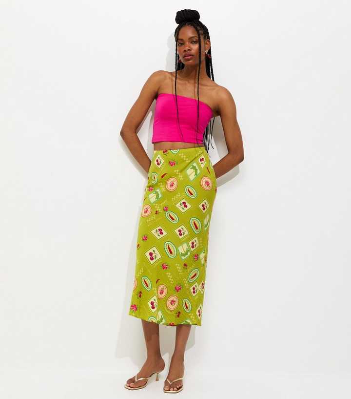 Green Fruit Print Bias Cut Midi Skirt