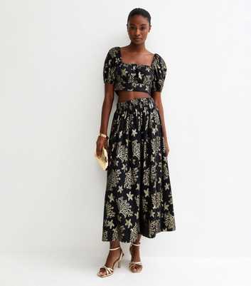 Black Foiled Starfish Tiered Midi Skirt