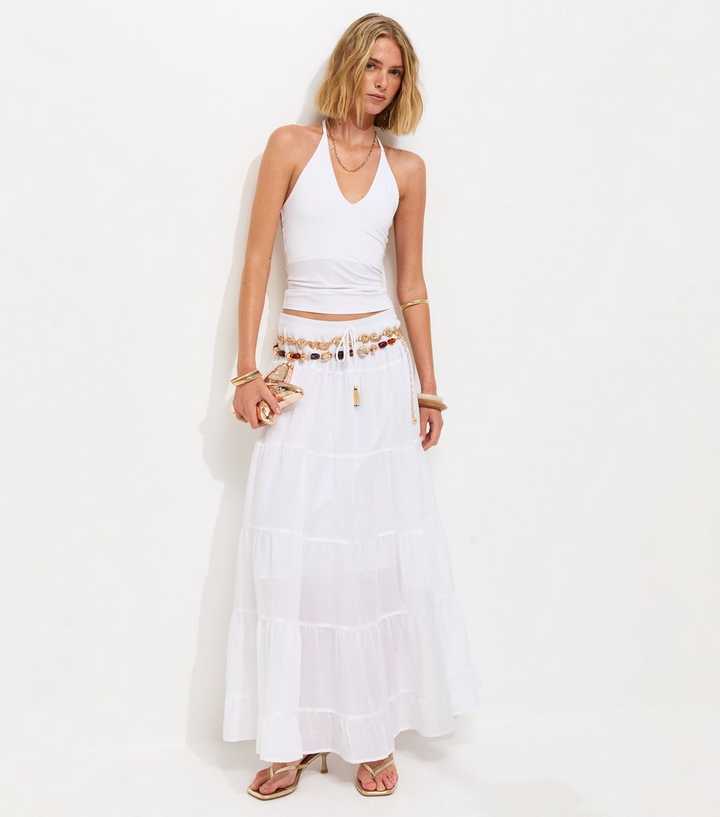 White Cotton Tiered Maxi Skirt