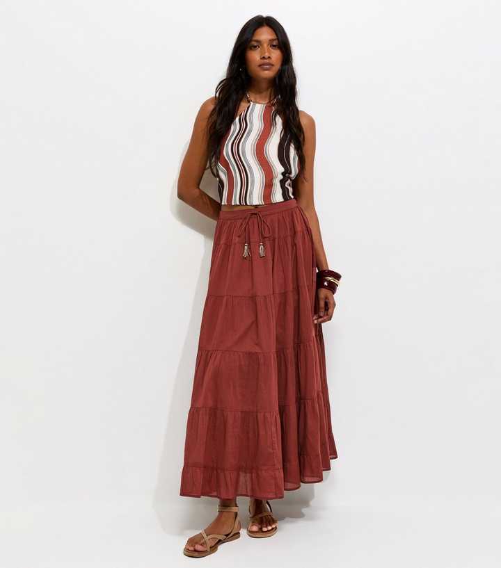 Rust Cotton Tiered Maxi Skirt