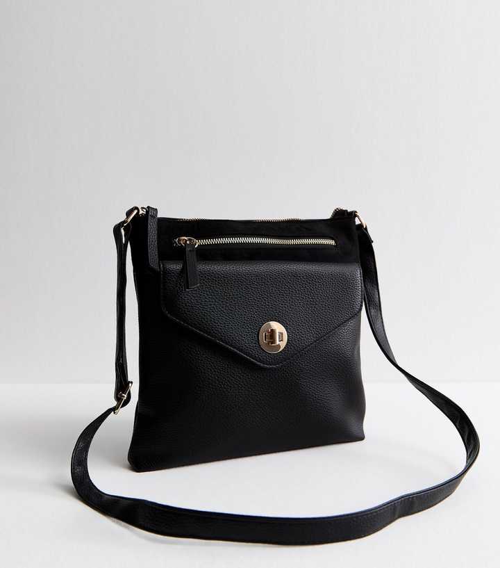 Black Grained Faux Leather Pocket Messenger Bag