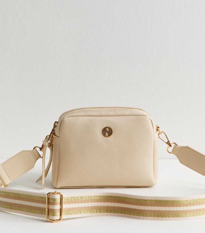 Cream Faux Leather Double Pocket Crossbody Bag