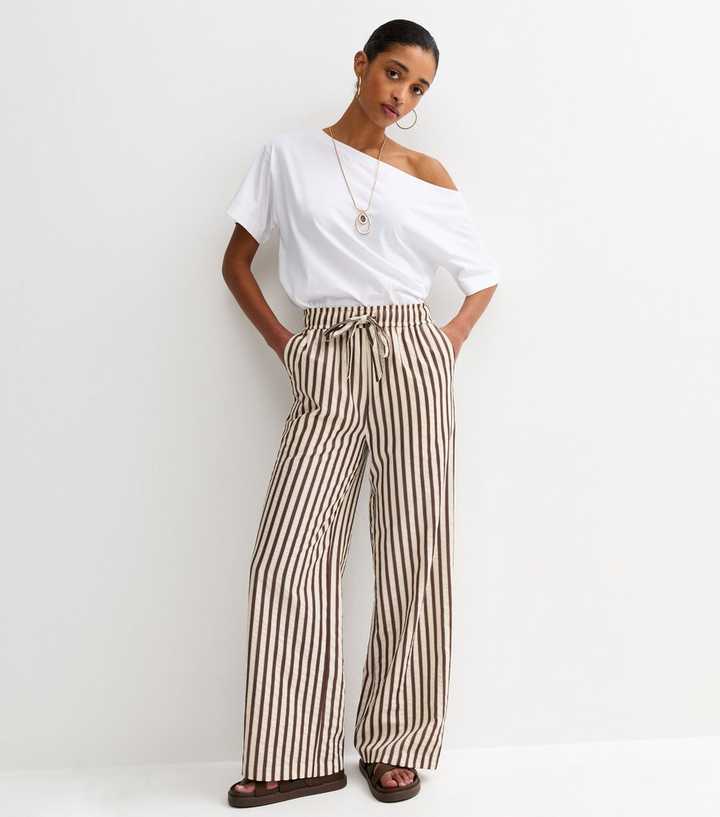 Brown Striped Seersucker Wide Leg Trousers