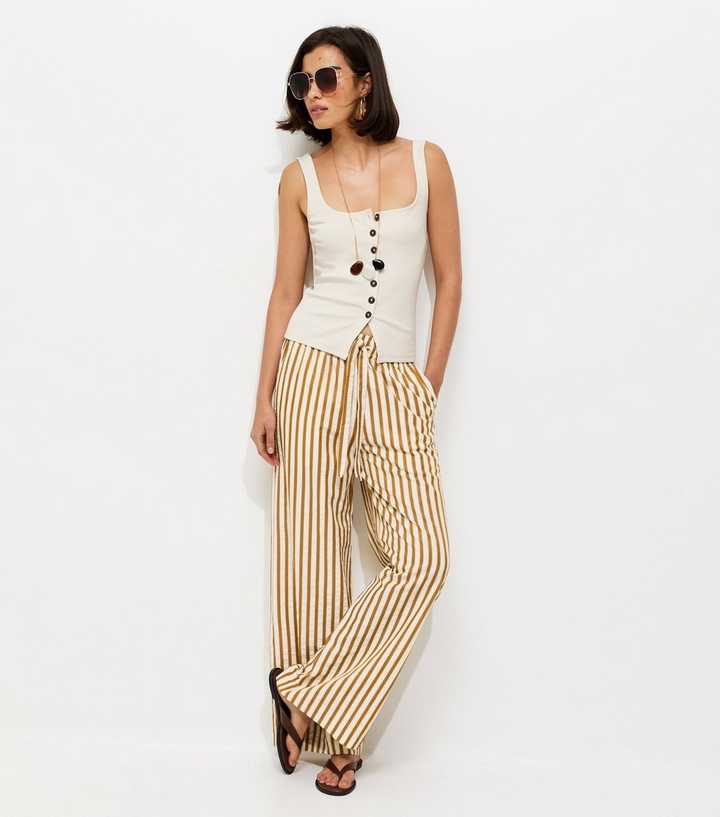 Yellow Striped Seersucker Wide Leg Trousers