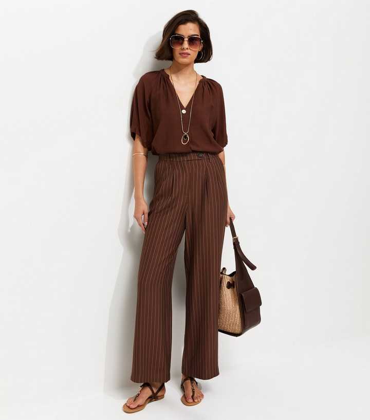 Dark Brown Wide Leg Stripe Trousers