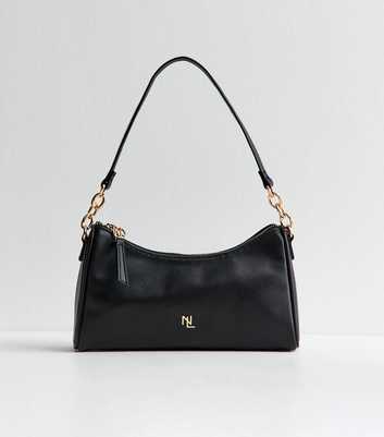 Black Faux Leather Logo Plaque Shoulder Bag