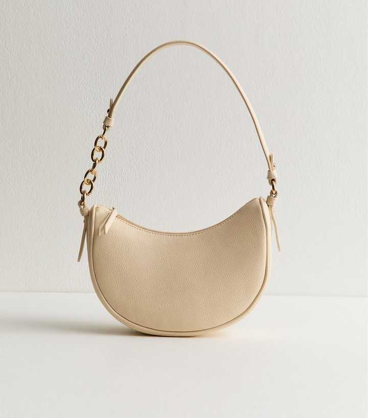 Cream Faux Leather Scooped Chain Shoulder Bag