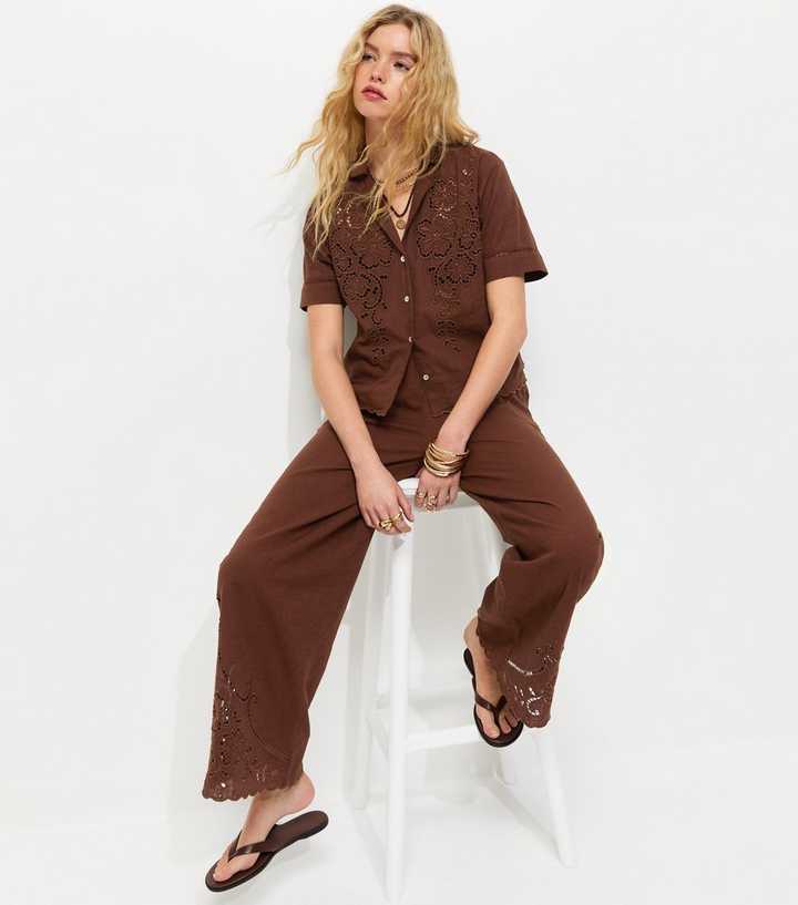 Brown Wide Leg Broderie Wide Leg Trousers