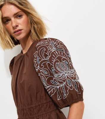 Dark Brown Embroidered Puff Sleeve Blouse