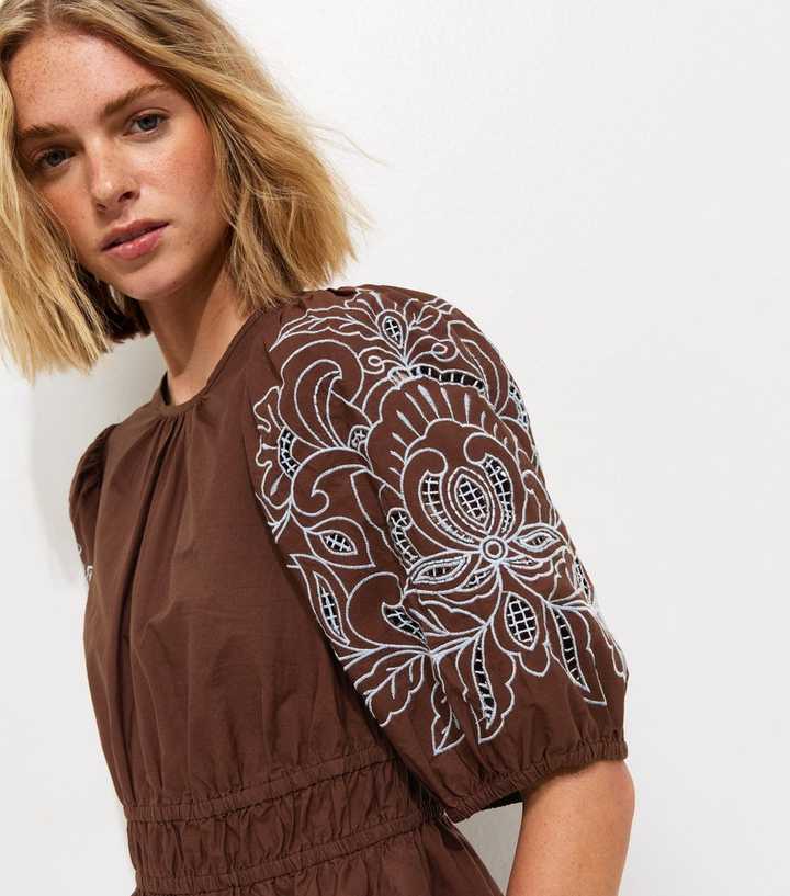 Dark Brown Embroidered Puff Sleeve Blouse