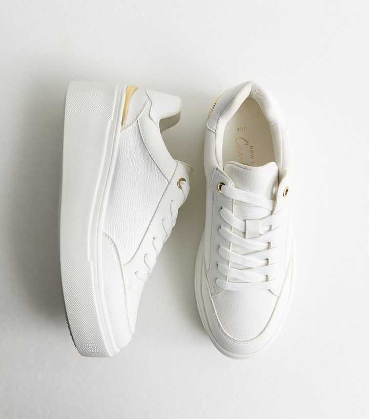 White Textured Faux Leather Wedge Trainers