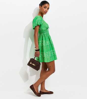 Green Crepe Floral Print Puff Sleeve Shirred Mini Dress