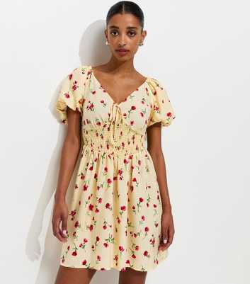 Yellow Crepe Floral Print Puff Sleeve Shirred Mini Dress