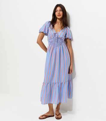 Blue Striped Puff Sleeve Shirred Waist Midi Dress