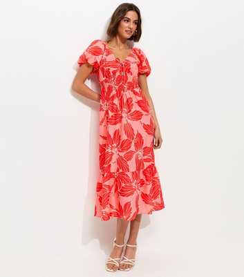 Pink Floral Puff Sleeve Shirred Waist Midi Dress