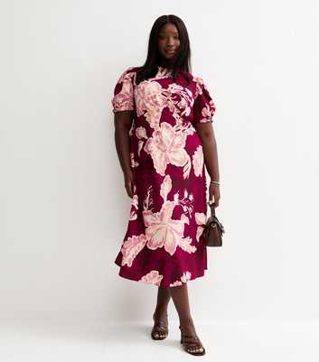 Curves Red Crepe Floral Print Short Sleeve Midi Dress