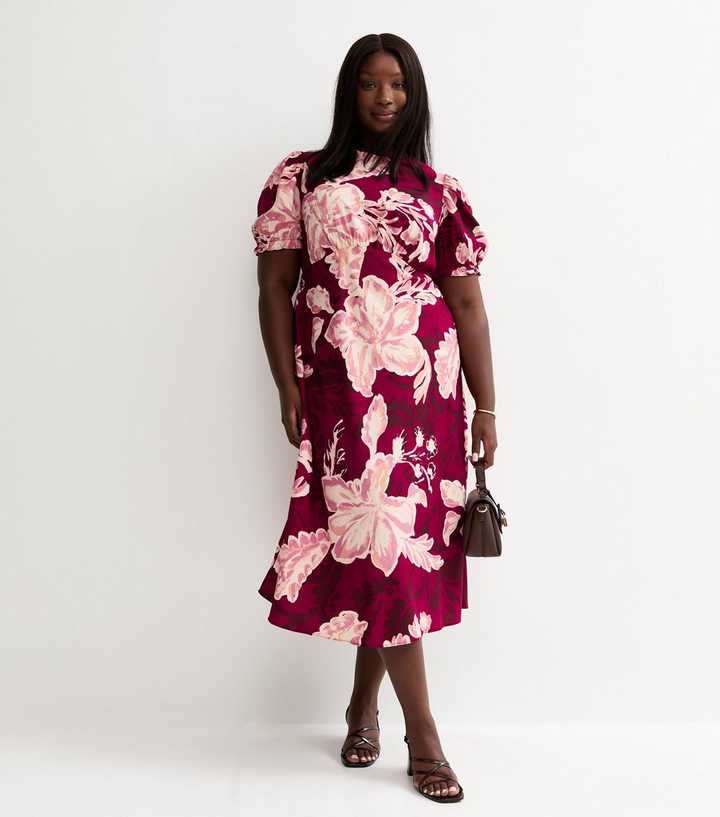 Curves Red Crepe Floral Print Short Sleeve Midi Dress