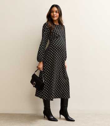 Maternity Black Polka Dot Long Sleeve Midi Dress