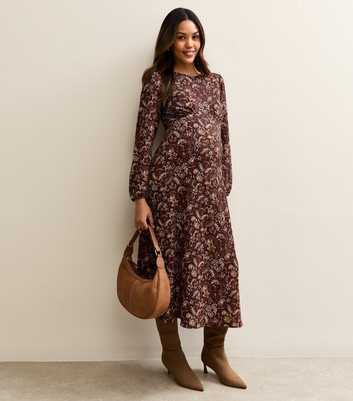 Maternity Brown Crinkle Long Sleeve Paisley Midi Dress