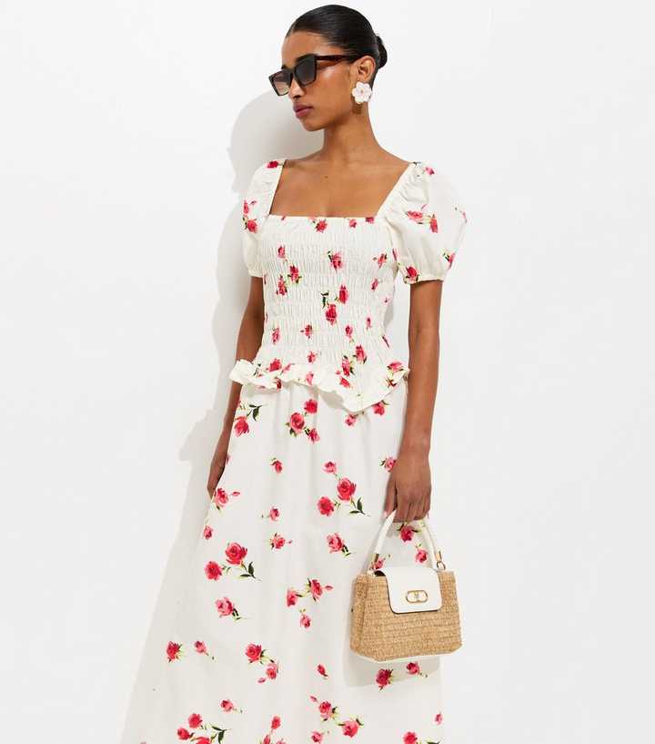 White Floral Print Square Neck Midi Dress