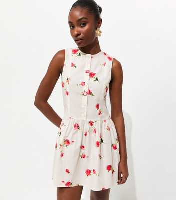 White Rose Print Poplin Mini Dress