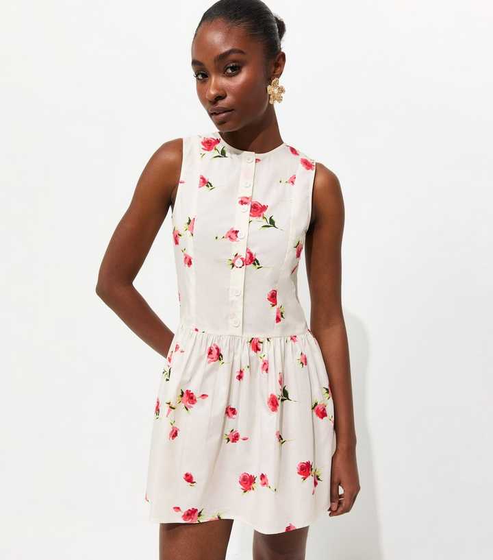 White Rose Print Poplin Mini Dress