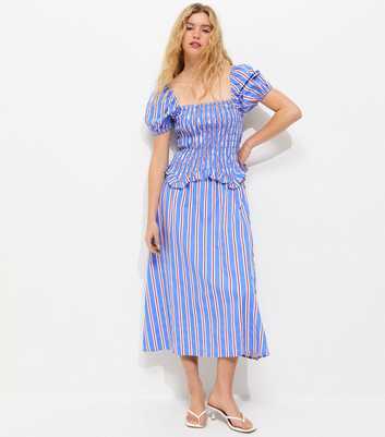 Blue Striped Shirred Dropped Waist Midi Dress
