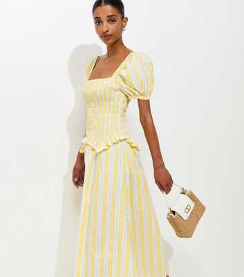 Yellow Striped Shirred Dropped Waist Midi Dress