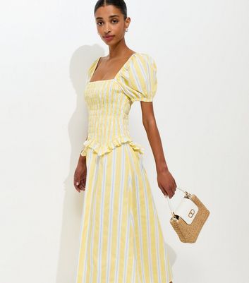 Yellow Striped Shirred Dropped Waist Midi Dress | New Look