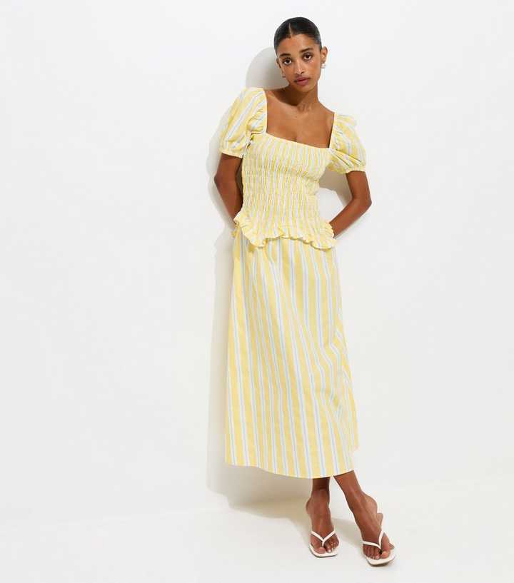 Yellow Striped Shirred Dropped Waist Midi Dress | New Look