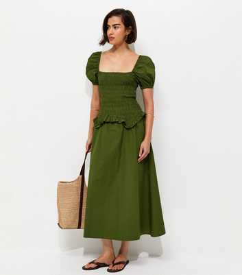 Dark Khaki Shirred Dropped Waist Midi Dress