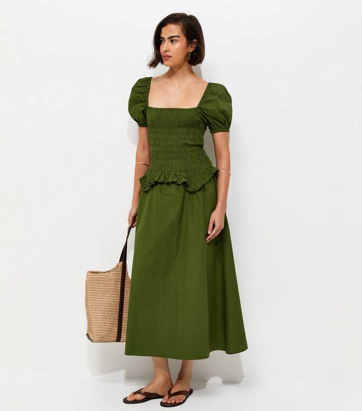 Dark Khaki Shirred Dropped Waist Midi Dress