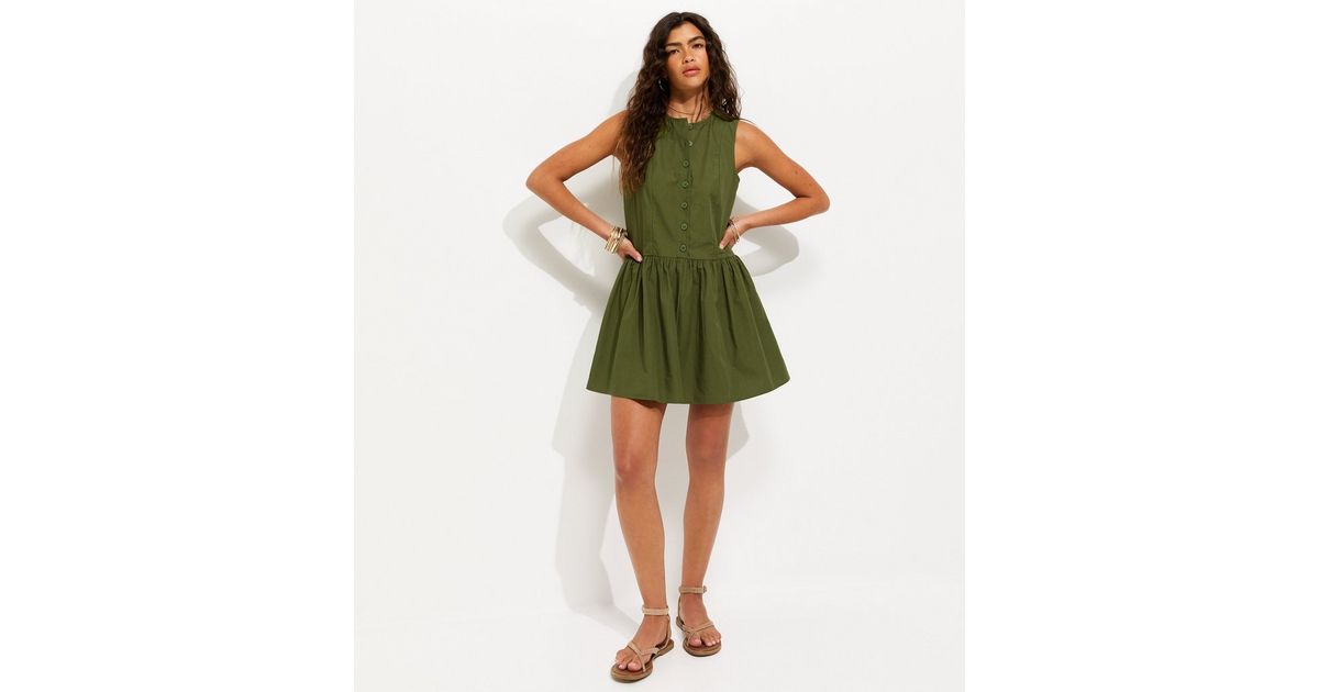 Khaki Cotton Drop Waist Sleeveless Mini Dress
