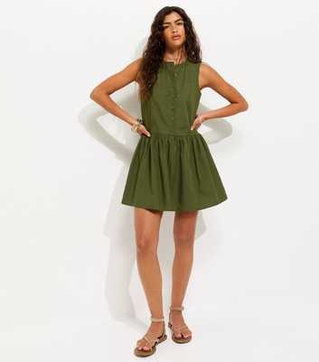 Khaki Cotton Drop Waist Sleeveless Mini Dress
