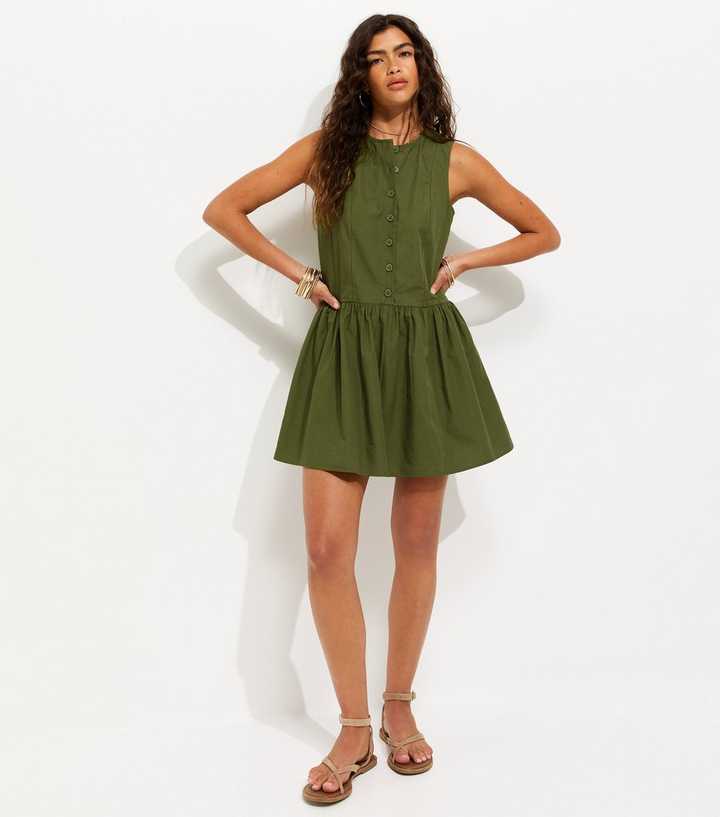 Khaki Cotton Drop Waist Sleeveless Mini Dress