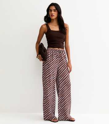 Brown Diagonal Stripe Wide Leg Trousers