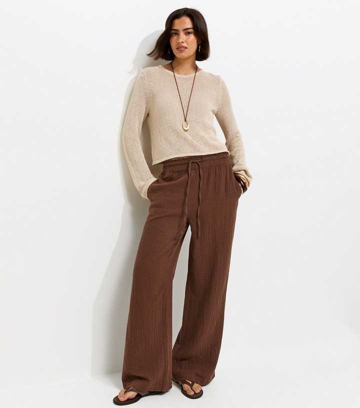 Dark Brown Cotton Textured Drawstring Wide Leg Trousers