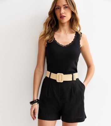 Black Linen Blend Belted Shorts