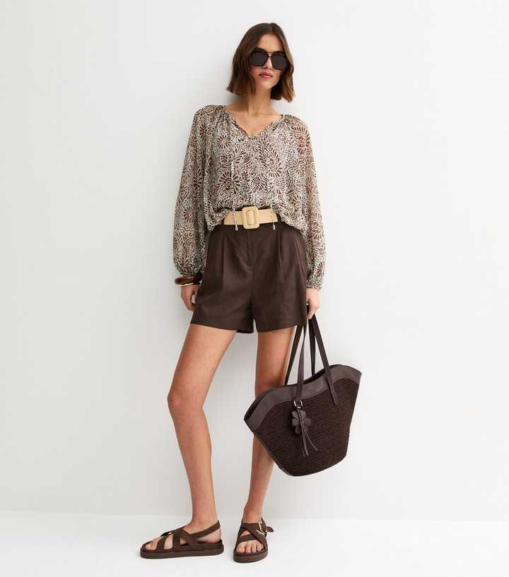 Dark Brown Linen Blend Belted Shorts