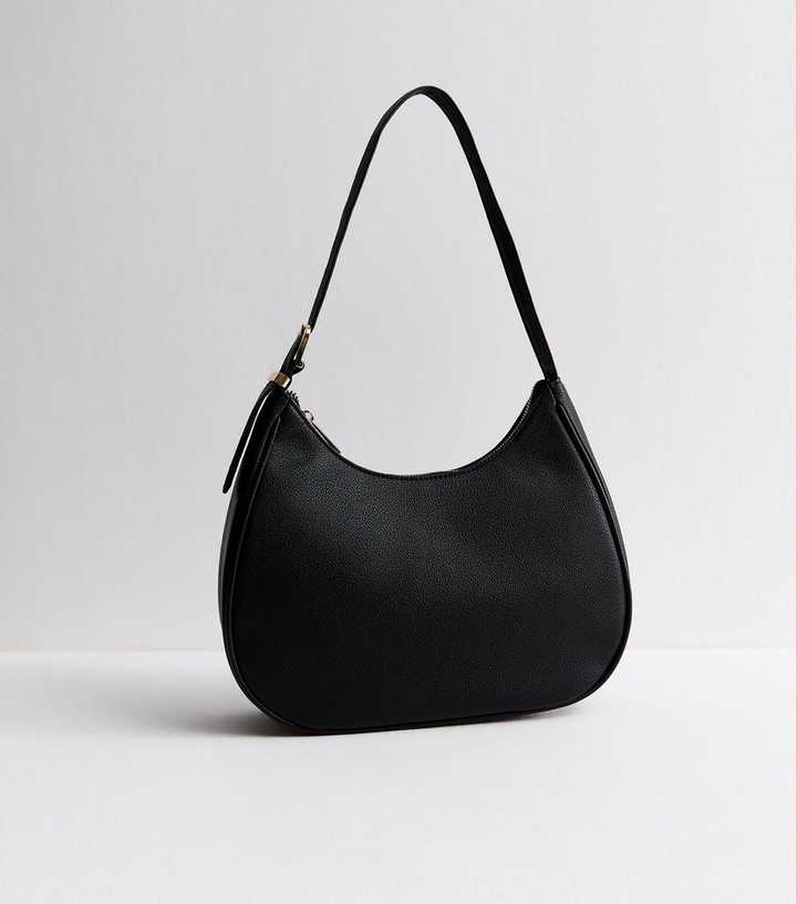 Black Faux Leather Oversized Buckle Scooped Shoulder Bag