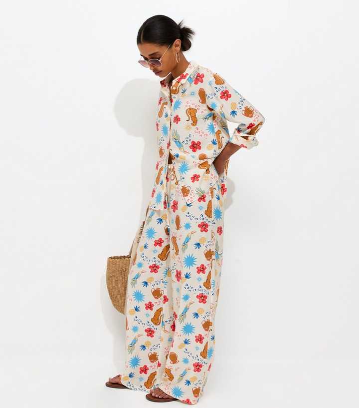 Cream Animal Flower Print Wide Leg Trousers